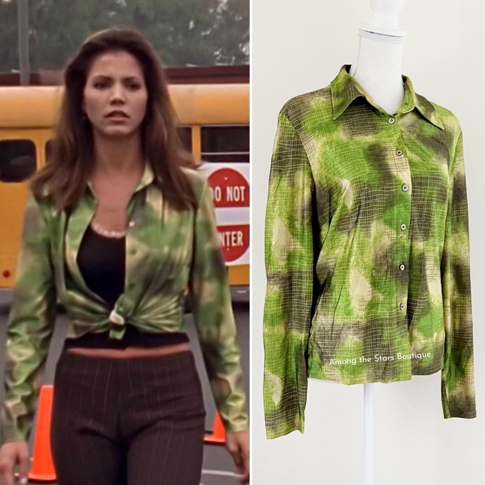 Very Rare 90s Vintage Green Abstract Print Button-Up Blouse ASO Cordelia in BTVS - Picture 5 of 14